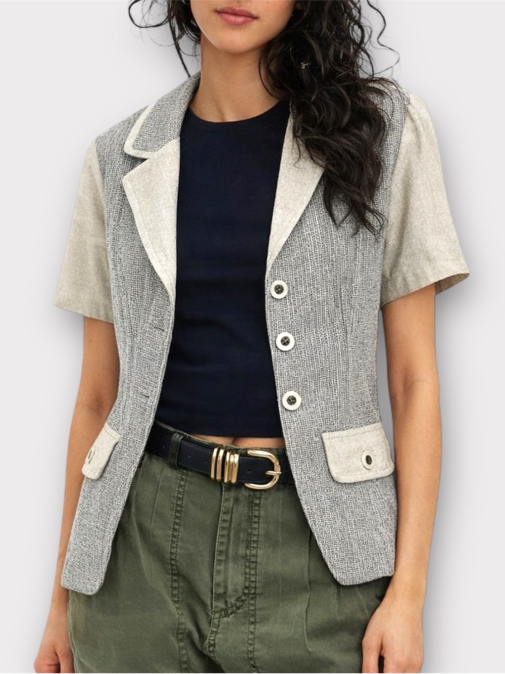 Vintage Mixed Media Jacket Black Cream Textured Weave S/M